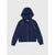 A navy blue zip-up hoodie with pink contrast piping details on the shoulders, displayed flat against a light gray background.