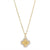 A gold necklace featuring a four-petal flower pendant with a textured gold center, a small white pearl, and a border of clear pavé-set stones, shown on a plain white background.