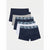 A 4-pack of men's boxer briefs in navy, heather gray, white, and light blue, arranged in a staggered stack. The waistbands feature a light blue patterned band with the brand name 'SNSA' printed repeatedly in black.