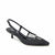 A single black pointed-toe slingback kitten heel shoe with patent leather and sheer mesh panels, shown on a plain white background.