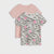 Two short-sleeve girls' t-shirts with ruffled edges, displayed as a layered set. The front shirt features a gray and white zebra print pattern with pink hearts, and the back shirt is solid light pink.