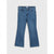 A pair of medium-wash blue denim jeans with a straight-to-flare leg, shown flat against a light gray background.