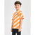 A young boy wearing a short-sleeve t-shirt with diagonal orange and cream stripes, featuring a small black graphic on the left chest that reads 'SUNRISE RISES FLAME TO FIRE'.