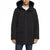 A man wearing a black hooded parka with a dark fur-trimmed hood, front zipper and snap closure, and large front flap pockets, shown against a plain white studio background.