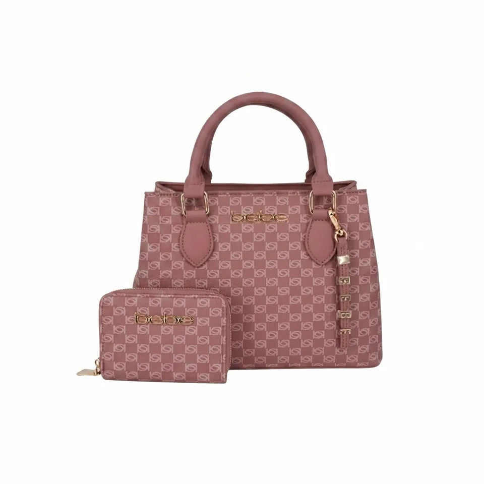 A dusty rose monogram handbag with matching zip-around wallet, displayed on a clean white background. The handbag features dual top handles, gold-tone hardware, and the brand name 'bobo' printed in gold on the front and wallet.