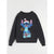 A black crewneck sweatshirt featuring a graphic of Disney's Stitch wearing a Santa hat and sitting on a gift box with 'Alula Christmas' written in gold script.