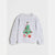 A light gray heather crewneck sweatshirt featuring a green felt Christmas tree with pink and red ornaments and two small presents underneath, displayed against a light gray background.