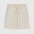 A pair of cream-colored shorts with thin vertical dark stripes and a matching drawstring waist, shown flat against a light gray background.