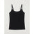 A black ribbed spaghetti-strap camisole tank top laid flat against a light gray background.