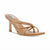 A tan leather strappy sandal with a square toe, a mid-height block heel, and a small buckle detail on the instep, shown against a plain white background.