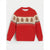 A red crewneck knit sweater featuring a cream-colored horizontal band with gingerbread men motifs and traditional Nordic-style geometric patterns.
