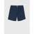A pair of navy blue shorts with a button closure and belt loops, laid flat against a light gray background.