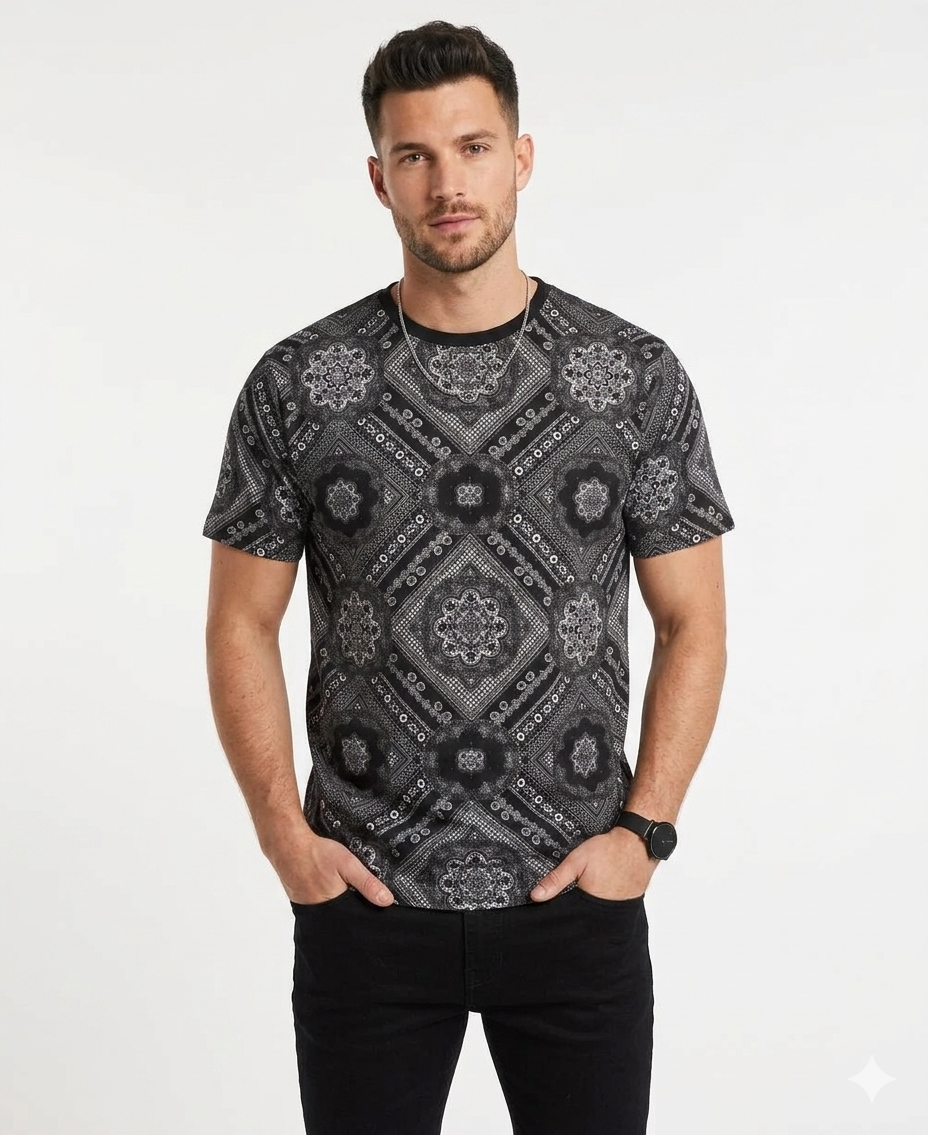 Redefined Rebel Men's Black & White Bandana Print Crew Neck T-Shirt | Redefined Rebel in Lebanon