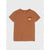 A short-sleeve crewneck t-shirt in a warm rust or terracotta color, featuring a small graphic on the left chest with the Korean word '아말도' above an orange illustration, displayed on a light gray background.