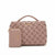 A dusty pink woven leather handbag with a top handle and a matching zippered pouch, both featuring the 'bebe' logo in gold-tone lettering, set against a plain white background.