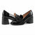 A pair of black patent leather block-heel pumps with a large fabric bow on the front, displayed against a clean white background.