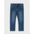 A pair of classic blue denim jeans shown flat against a light gray background.