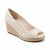 A single women's peep-toe wedge shoe in a light cream or off-white textured fabric upper with a braided jute wedge heel, shown on a plain white background.