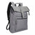 A gray nylon backpack with a black shoulder strap, featuring a front zippered pocket and a top flap closure with a buckle strap, shown on a white background.