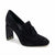 A single black suede tassel pump shoe with a block heel and a thin gold accent line on the heel, shown against a plain white background.