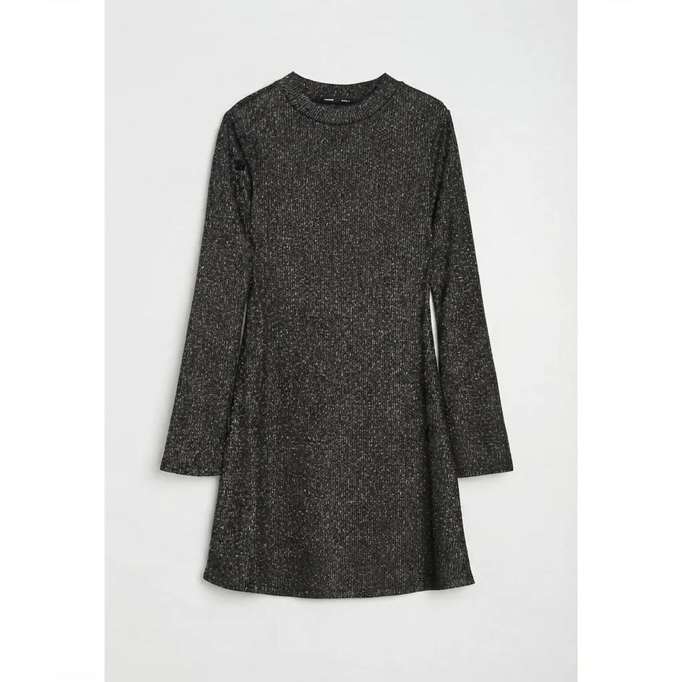 A long-sleeve, crew-neck mini dress in a dark charcoal gray and black textured knit, displayed against a light gray background.