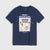 A navy blue short-sleeve t-shirt with a retro video game graphic on the front. The graphic features pixelated text reading 'PIXEL WINTER GAME' and 'GAME OVER' with a snowboarder and skiers, set against a light gray background.