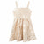 A sleeveless champagne-colored dress with a textured floral jacquard pattern, featuring thin shoulder straps and a gathered skirt, shown against a plain white background.