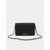A black woven leather shoulder bag with a gold-tone chain strap and a gold 'bebe' logo on the front, set against a light gray background.