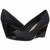 A pair of women's black wedge pumps with a peep toe and patent leather wedge heels, shown against a plain white background.