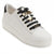 A white low-top platform sneaker by Karl Lagerfeld, featuring black laces threaded through gold-tone eyelets, a gold-tone 'KARL' nameplate, and a small gold heart charm.