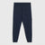 A pair of navy blue jogger pants with side cargo pockets and a drawstring waist, shown flat against a light gray background.