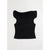 A black off-the-shoulder ribbed knit top with a wide draped neckline and cutout sleeves, laid flat against a light gray background.