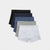 A five-pack of men's boxer briefs from Ordinary Boxers, fanned out on a light gray background. The pack includes black, dark navy, medium blue, heather gray, and light heather gray pairs, each with its brand name printed on the waistband.