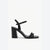 A single black block-heel sandal with a square toe, double front strap, and ankle buckle strap, shown in profile against a plain white background.