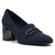 A navy blue women's pump shoe with a glossy block heel and a decorative double-band detail across the vamp, shown against a plain white background.