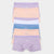A set of six women's high-waisted briefs in a pastel weekday color palette, arranged in a vertical stack. The colors include lavender (Monday), peach (Tuesday), white (Wednesday), blue (Thursday), peach (Friday), and lavender (Saturday).