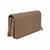 A taupe brown textured crossbody bag with a gold chain strap and a gold 'bebe' logo on the front, shown against a plain white background.