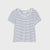 A short-sleeve crewneck ribbed knit top with horizontal navy blue stripes on a white background, shown flat against a light gray studio background.