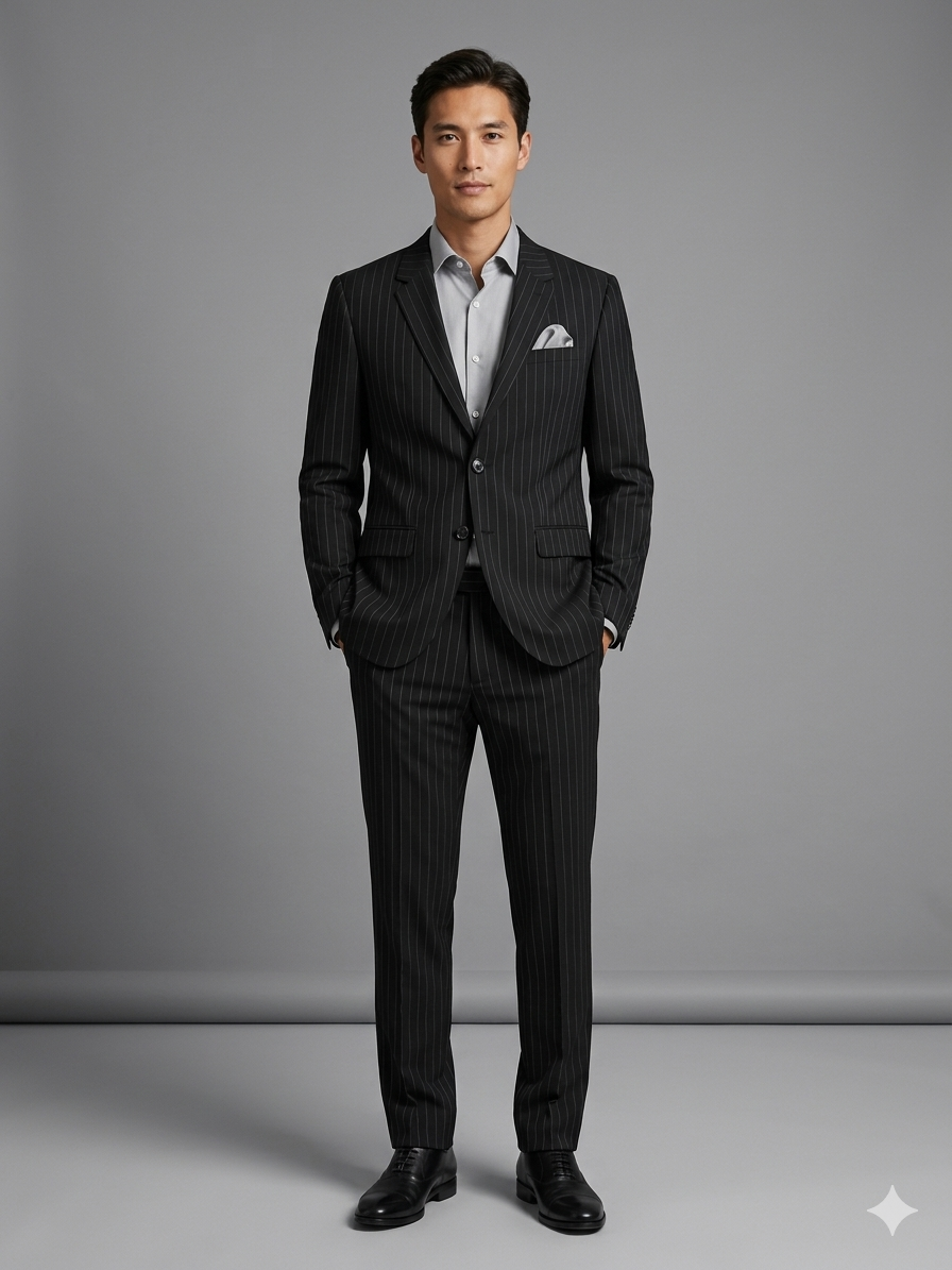 Man wearing a black pinstripe suit with a gray background