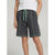 A person wearing dark heather gray drawstring shorts with mint green piping and a matching mint green drawstring, paired with a white top against a light gray studio background.