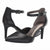 A pair of black leather high-heeled pumps with pointed toes and ankle straps, shown from the side and back on a white background.