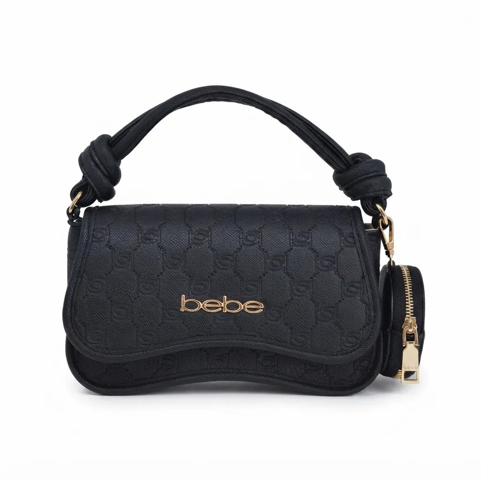 Black embossed monogram handbag with a knotted top handle and gold-tone logo detail, shown on a plain white background.