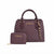 A purple and brown monogram handbag set by Bebe, featuring a structured handbag with dual top handles, a matching zippered wallet, and gold-tone hardware on a white background.