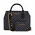 Black and gray monogram handbag set with gold-tone hardware, featuring a structured tote bag, a matching front zip pouch, and a detachable chain strap with the brand name 'BeBe'.