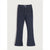 Dark navy blue flare jeans with a straight rise and flared hem, featuring classic five-pocket styling, shown flat against a light gray background.
