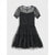 A black tiered tulle dress with sheer polka-dot short puff sleeves and a keyhole neckline, displayed flat against a light gray background.