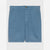 A pair of light blue denim shorts with a button closure, belt loops, side pockets, and two large patch pockets on the front, shown flat against a light gray background.
