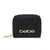 A black textured zip-around wallet with a gold-tone 'bebe' logo on the front, shown on a plain white background.