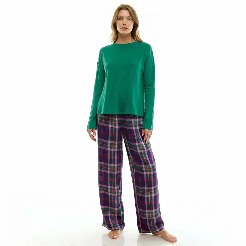 Roudelain Women's Multicolor Printed Open Leg Contrast Waistband Flannel Pajama Bottom