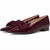A pair of burgundy patent leather pointed-toe flats with matching fabric bows on the toes, shown against a plain white background.